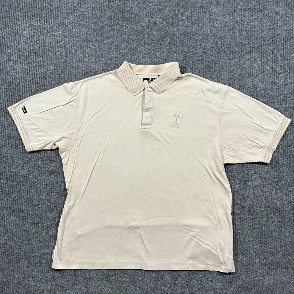PING Mens Polo Shirt XL Beige Mercerized Cotton Short Sleeve Embroidered Logo‎